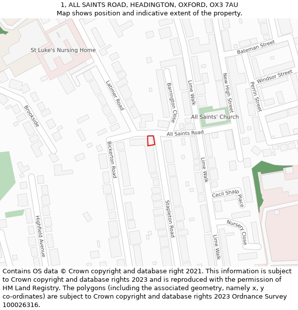 1, ALL SAINTS ROAD, HEADINGTON, OXFORD, OX3 7AU: Location map and indicative extent of plot