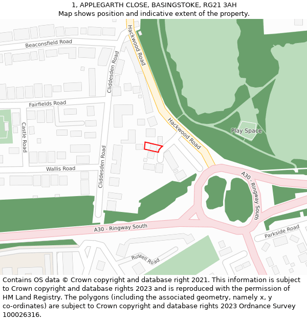 1, APPLEGARTH CLOSE, BASINGSTOKE, RG21 3AH: Location map and indicative extent of plot