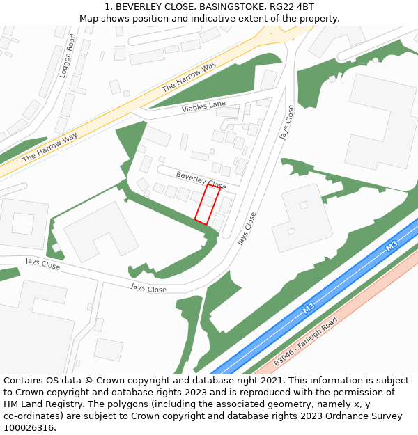 1, BEVERLEY CLOSE, BASINGSTOKE, RG22 4BT: Location map and indicative extent of plot