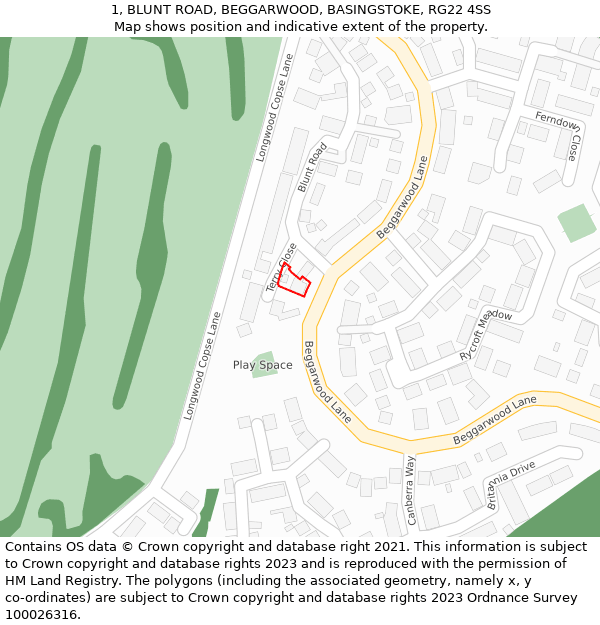 1, BLUNT ROAD, BEGGARWOOD, BASINGSTOKE, RG22 4SS: Location map and indicative extent of plot
