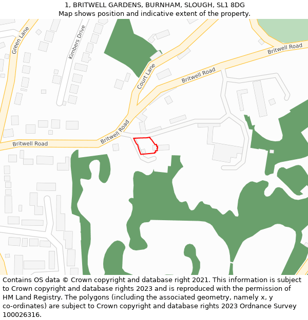 1, BRITWELL GARDENS, BURNHAM, SLOUGH, SL1 8DG: Location map and indicative extent of plot