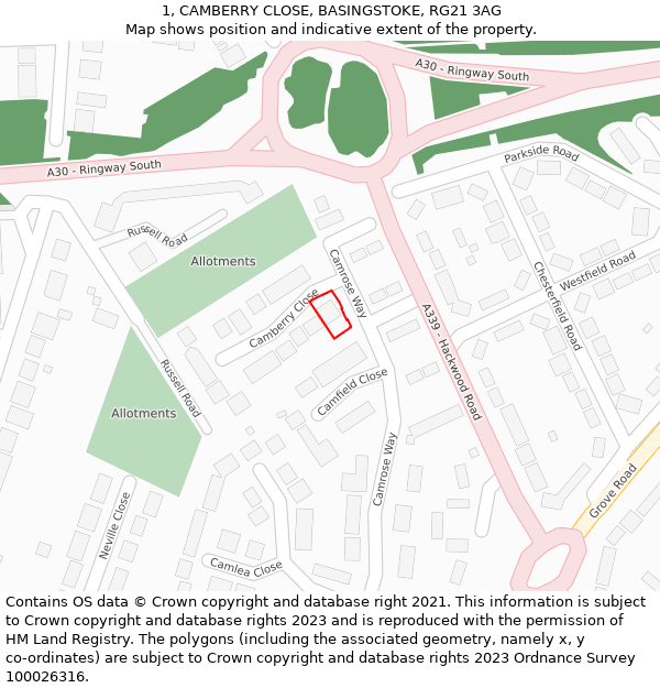 1, CAMBERRY CLOSE, BASINGSTOKE, RG21 3AG: Location map and indicative extent of plot
