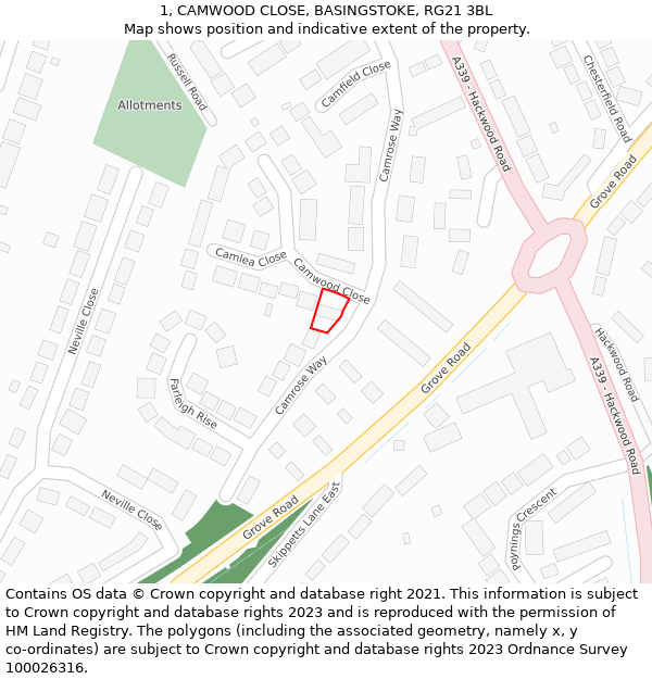 1, CAMWOOD CLOSE, BASINGSTOKE, RG21 3BL: Location map and indicative extent of plot