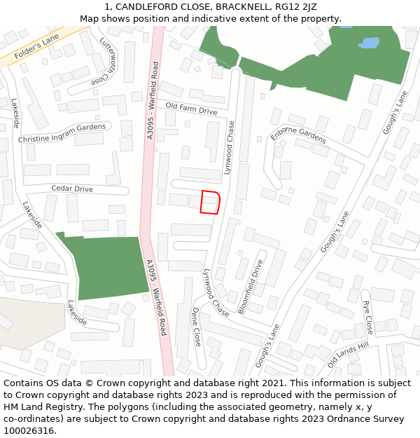 1, CANDLEFORD CLOSE, BRACKNELL, RG12 2JZ: Location map and indicative extent of plot