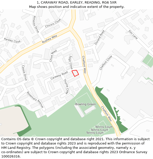 1, CARAWAY ROAD, EARLEY, READING, RG6 5XR: Location map and indicative extent of plot
