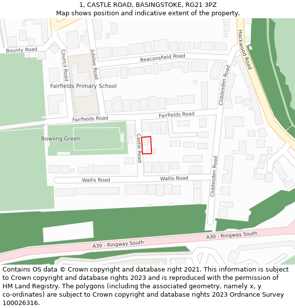 1, CASTLE ROAD, BASINGSTOKE, RG21 3PZ: Location map and indicative extent of plot