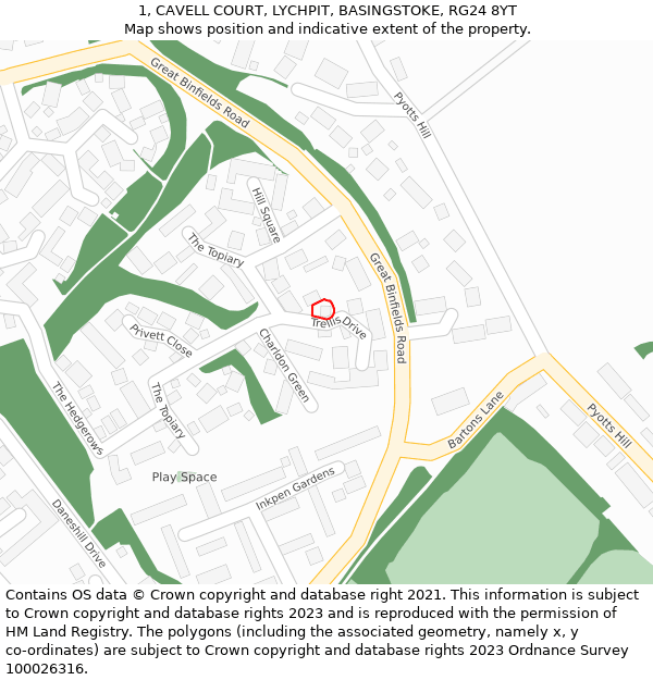 1, CAVELL COURT, LYCHPIT, BASINGSTOKE, RG24 8YT: Location map and indicative extent of plot