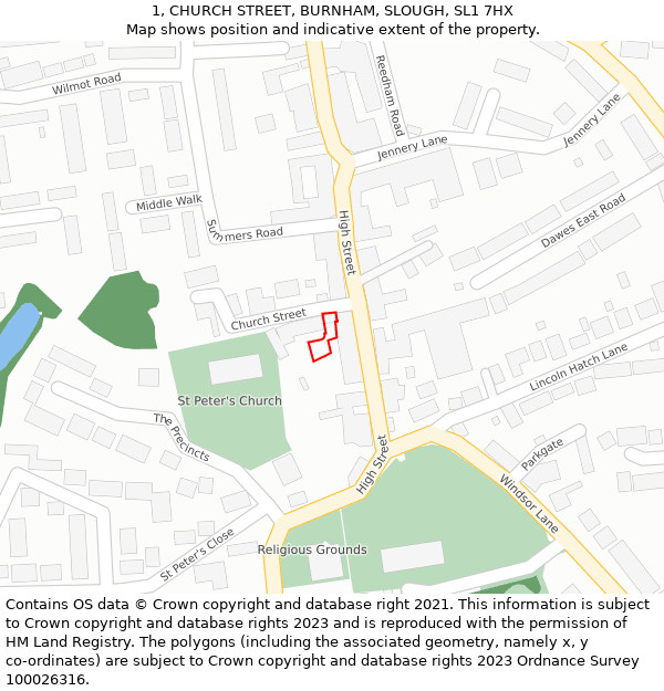 1, CHURCH STREET, BURNHAM, SLOUGH, SL1 7HX: Location map and indicative extent of plot
