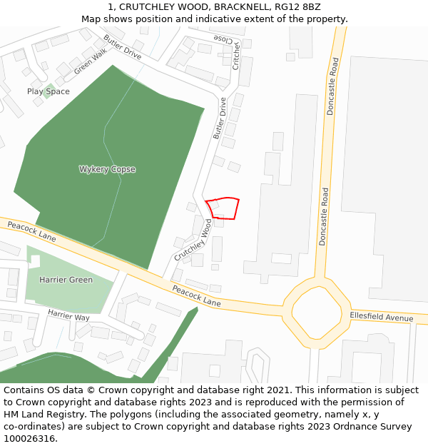 1, CRUTCHLEY WOOD, BRACKNELL, RG12 8BZ: Location map and indicative extent of plot