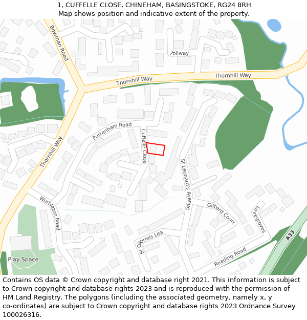 1, CUFFELLE CLOSE, CHINEHAM, BASINGSTOKE, RG24 8RH: Location map and indicative extent of plot