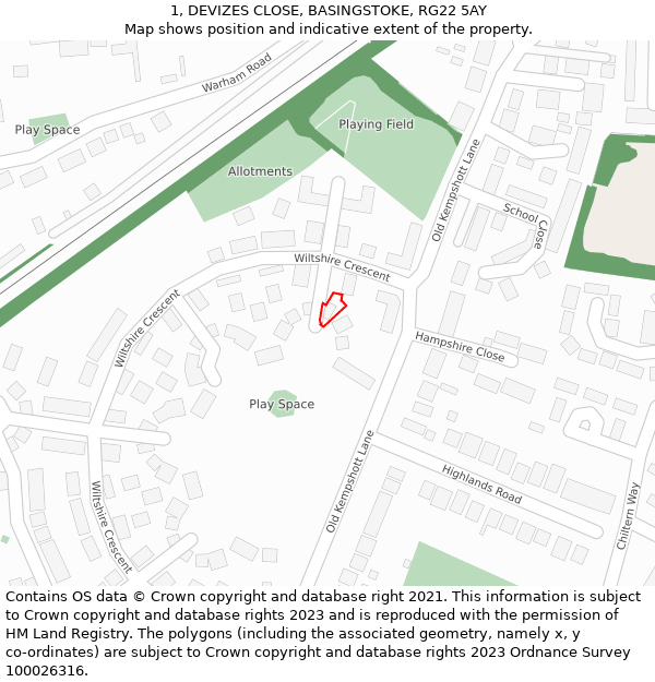 1, DEVIZES CLOSE, BASINGSTOKE, RG22 5AY: Location map and indicative extent of plot