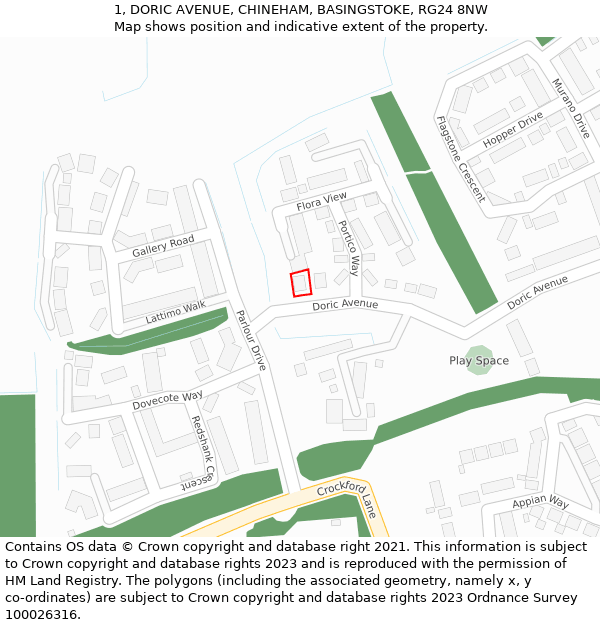 1, DORIC AVENUE, CHINEHAM, BASINGSTOKE, RG24 8NW: Location map and indicative extent of plot