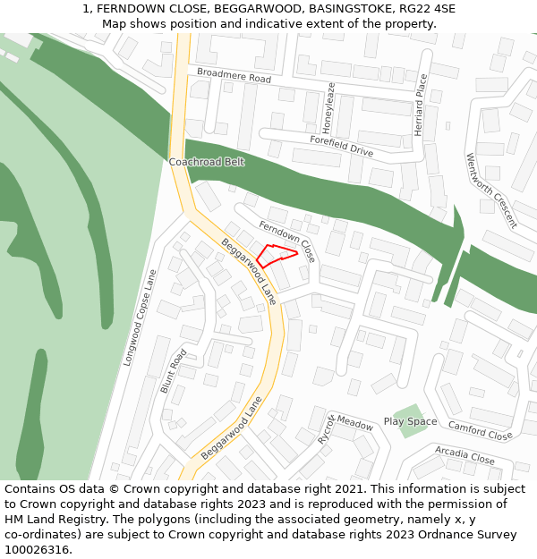 1, FERNDOWN CLOSE, BEGGARWOOD, BASINGSTOKE, RG22 4SE: Location map and indicative extent of plot