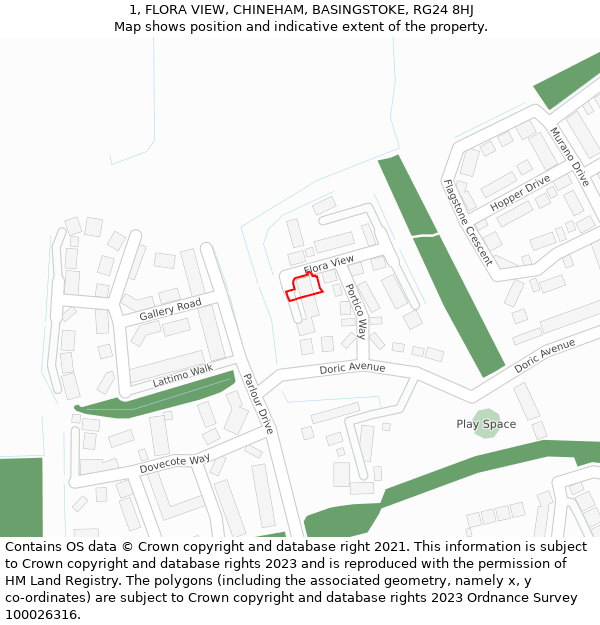 1, FLORA VIEW, CHINEHAM, BASINGSTOKE, RG24 8HJ: Location map and indicative extent of plot