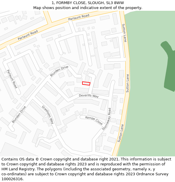 1, FORMBY CLOSE, SLOUGH, SL3 8WW: Location map and indicative extent of plot