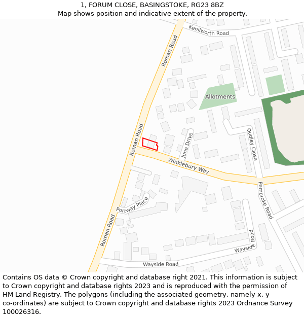 1, FORUM CLOSE, BASINGSTOKE, RG23 8BZ: Location map and indicative extent of plot