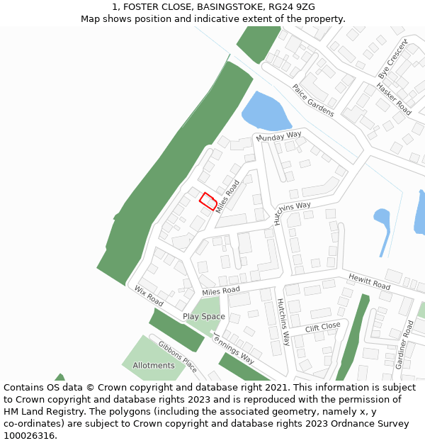 1, FOSTER CLOSE, BASINGSTOKE, RG24 9ZG: Location map and indicative extent of plot