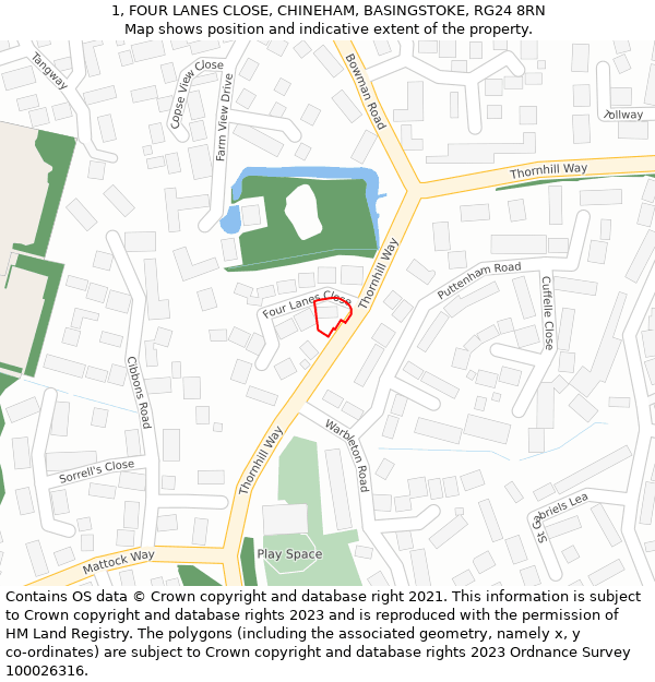 1, FOUR LANES CLOSE, CHINEHAM, BASINGSTOKE, RG24 8RN: Location map and indicative extent of plot