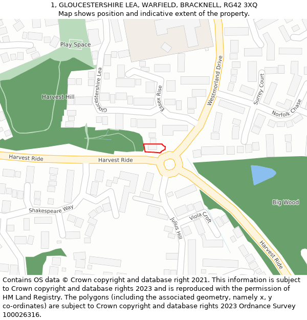 1, GLOUCESTERSHIRE LEA, WARFIELD, BRACKNELL, RG42 3XQ: Location map and indicative extent of plot