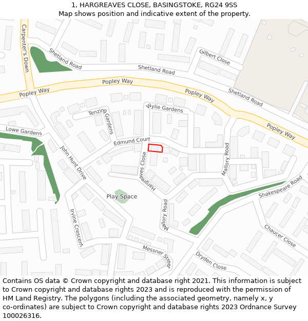 1, HARGREAVES CLOSE, BASINGSTOKE, RG24 9SS: Location map and indicative extent of plot