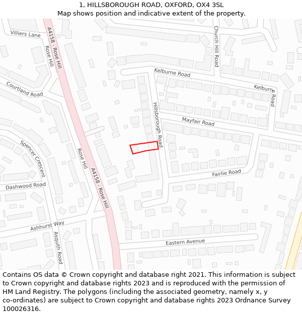 1, HILLSBOROUGH ROAD, OXFORD, OX4 3SL: Location map and indicative extent of plot