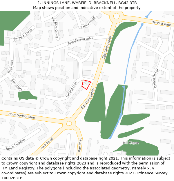 1, INNINGS LANE, WARFIELD, BRACKNELL, RG42 3TR: Location map and indicative extent of plot