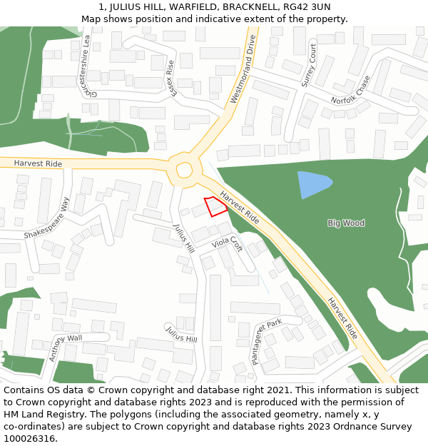 1, JULIUS HILL, WARFIELD, BRACKNELL, RG42 3UN: Location map and indicative extent of plot