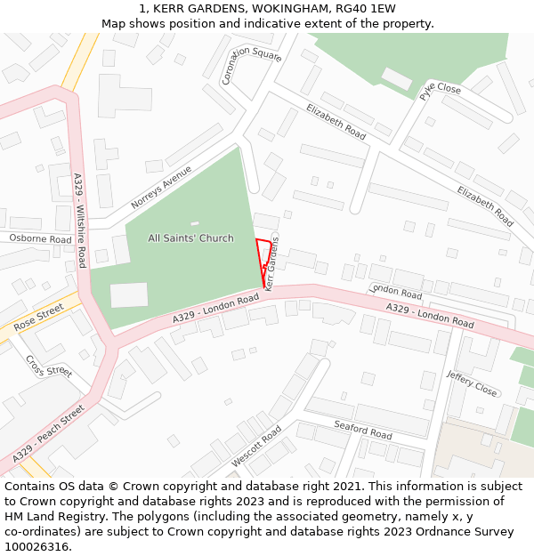 1, KERR GARDENS, WOKINGHAM, RG40 1EW: Location map and indicative extent of plot