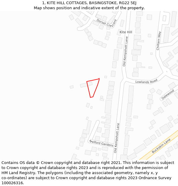 1, KITE HILL COTTAGES, BASINGSTOKE, RG22 5EJ: Location map and indicative extent of plot