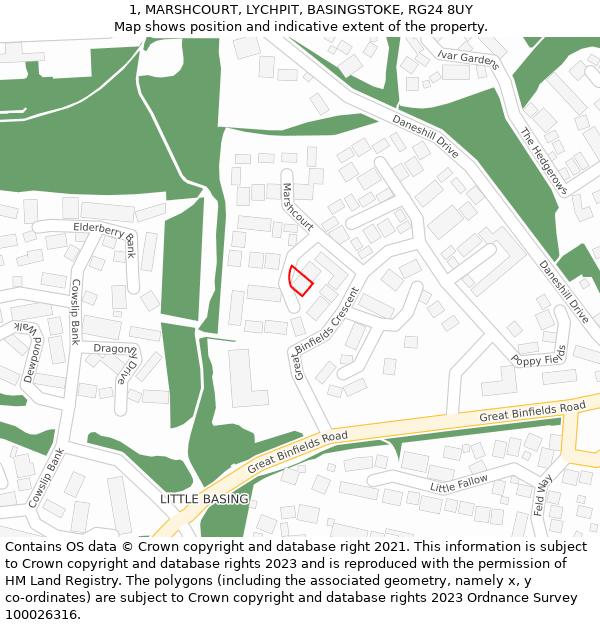 1, MARSHCOURT, LYCHPIT, BASINGSTOKE, RG24 8UY: Location map and indicative extent of plot