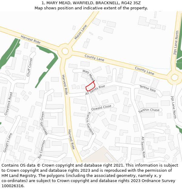 1, MARY MEAD, WARFIELD, BRACKNELL, RG42 3SZ: Location map and indicative extent of plot