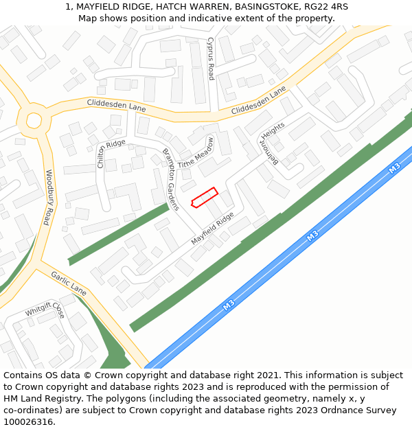 1, MAYFIELD RIDGE, HATCH WARREN, BASINGSTOKE, RG22 4RS: Location map and indicative extent of plot