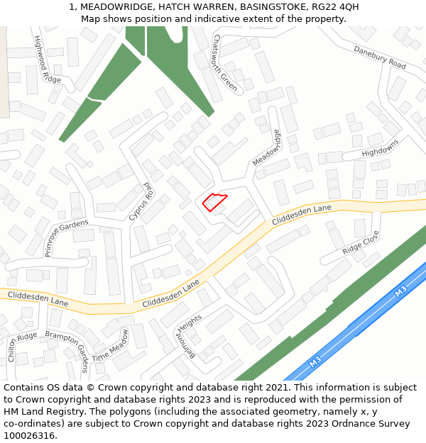 1, MEADOWRIDGE, HATCH WARREN, BASINGSTOKE, RG22 4QH: Location map and indicative extent of plot