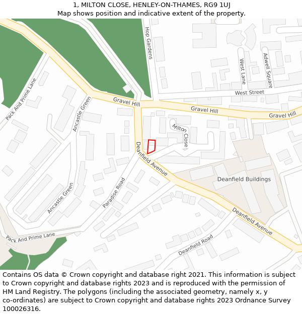 1, MILTON CLOSE, HENLEY-ON-THAMES, RG9 1UJ: Location map and indicative extent of plot