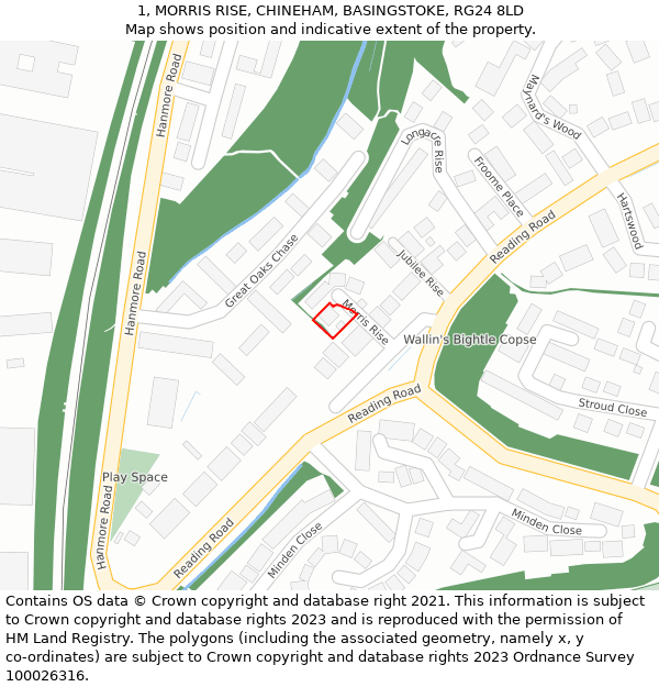 1, MORRIS RISE, CHINEHAM, BASINGSTOKE, RG24 8LD: Location map and indicative extent of plot