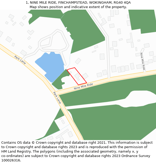 1, NINE MILE RIDE, FINCHAMPSTEAD, WOKINGHAM, RG40 4QA: Location map and indicative extent of plot