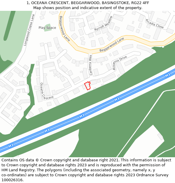 1, OCEANA CRESCENT, BEGGARWOOD, BASINGSTOKE, RG22 4FF: Location map and indicative extent of plot