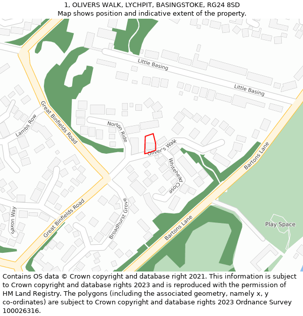 1, OLIVERS WALK, LYCHPIT, BASINGSTOKE, RG24 8SD: Location map and indicative extent of plot