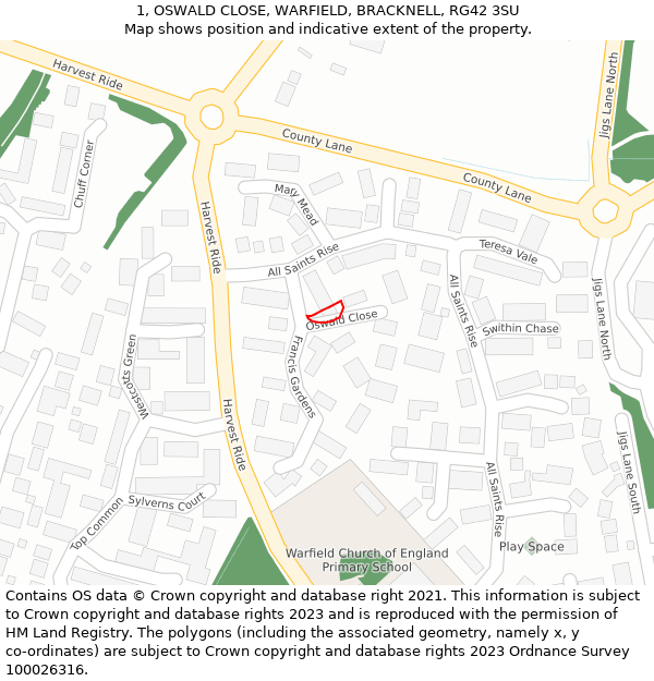 1, OSWALD CLOSE, WARFIELD, BRACKNELL, RG42 3SU: Location map and indicative extent of plot