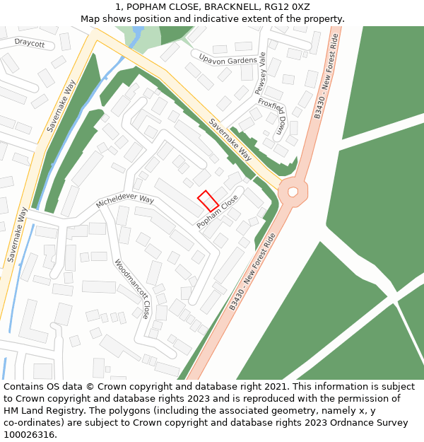 1, POPHAM CLOSE, BRACKNELL, RG12 0XZ: Location map and indicative extent of plot