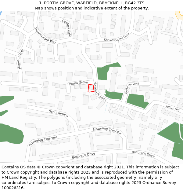 1, PORTIA GROVE, WARFIELD, BRACKNELL, RG42 3TS: Location map and indicative extent of plot