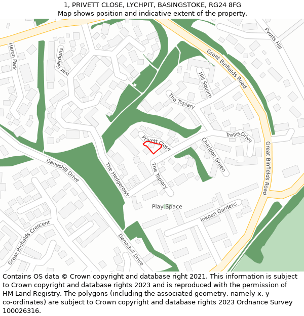 1, PRIVETT CLOSE, LYCHPIT, BASINGSTOKE, RG24 8FG: Location map and indicative extent of plot