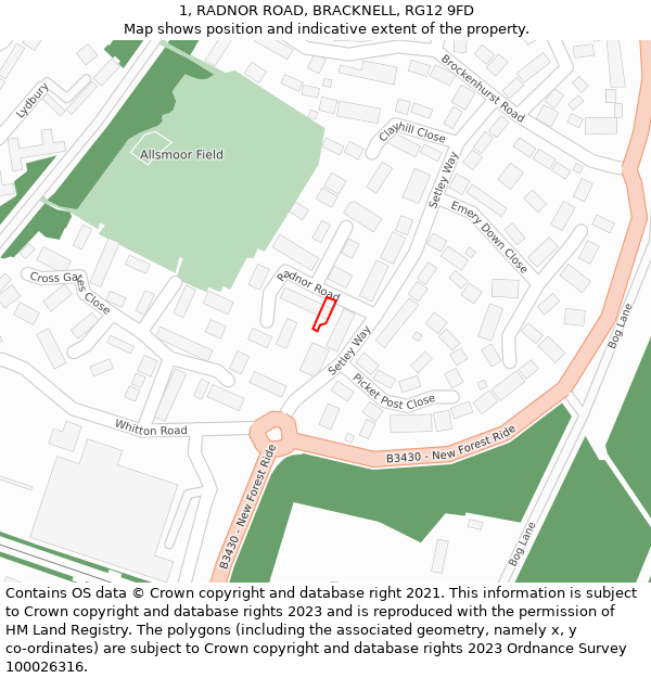 1, RADNOR ROAD, BRACKNELL, RG12 9FD: Location map and indicative extent of plot