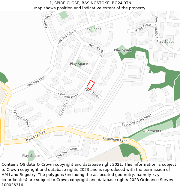 1, SPIRE CLOSE, BASINGSTOKE, RG24 9TN: Location map and indicative extent of plot