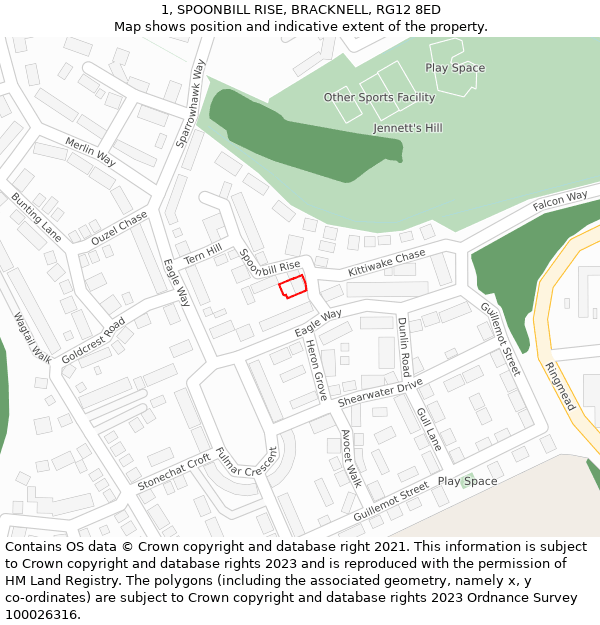 1, SPOONBILL RISE, BRACKNELL, RG12 8ED: Location map and indicative extent of plot