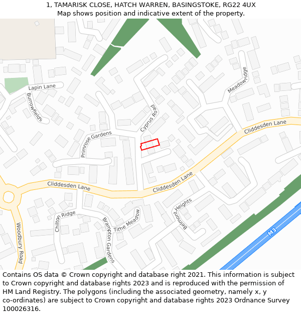 1, TAMARISK CLOSE, HATCH WARREN, BASINGSTOKE, RG22 4UX: Location map and indicative extent of plot