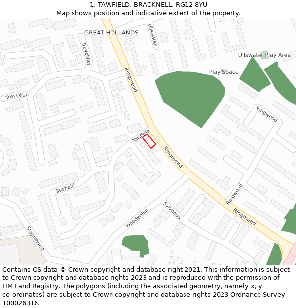 1, TAWFIELD, BRACKNELL, RG12 8YU: Location map and indicative extent of plot