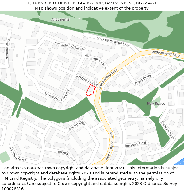 1, TURNBERRY DRIVE, BEGGARWOOD, BASINGSTOKE, RG22 4WT: Location map and indicative extent of plot