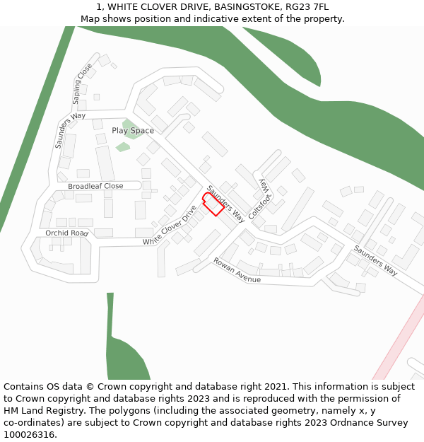 1, WHITE CLOVER DRIVE, BASINGSTOKE, RG23 7FL: Location map and indicative extent of plot