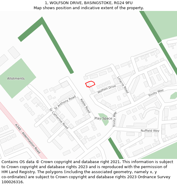 1, WOLFSON DRIVE, BASINGSTOKE, RG24 9FU: Location map and indicative extent of plot